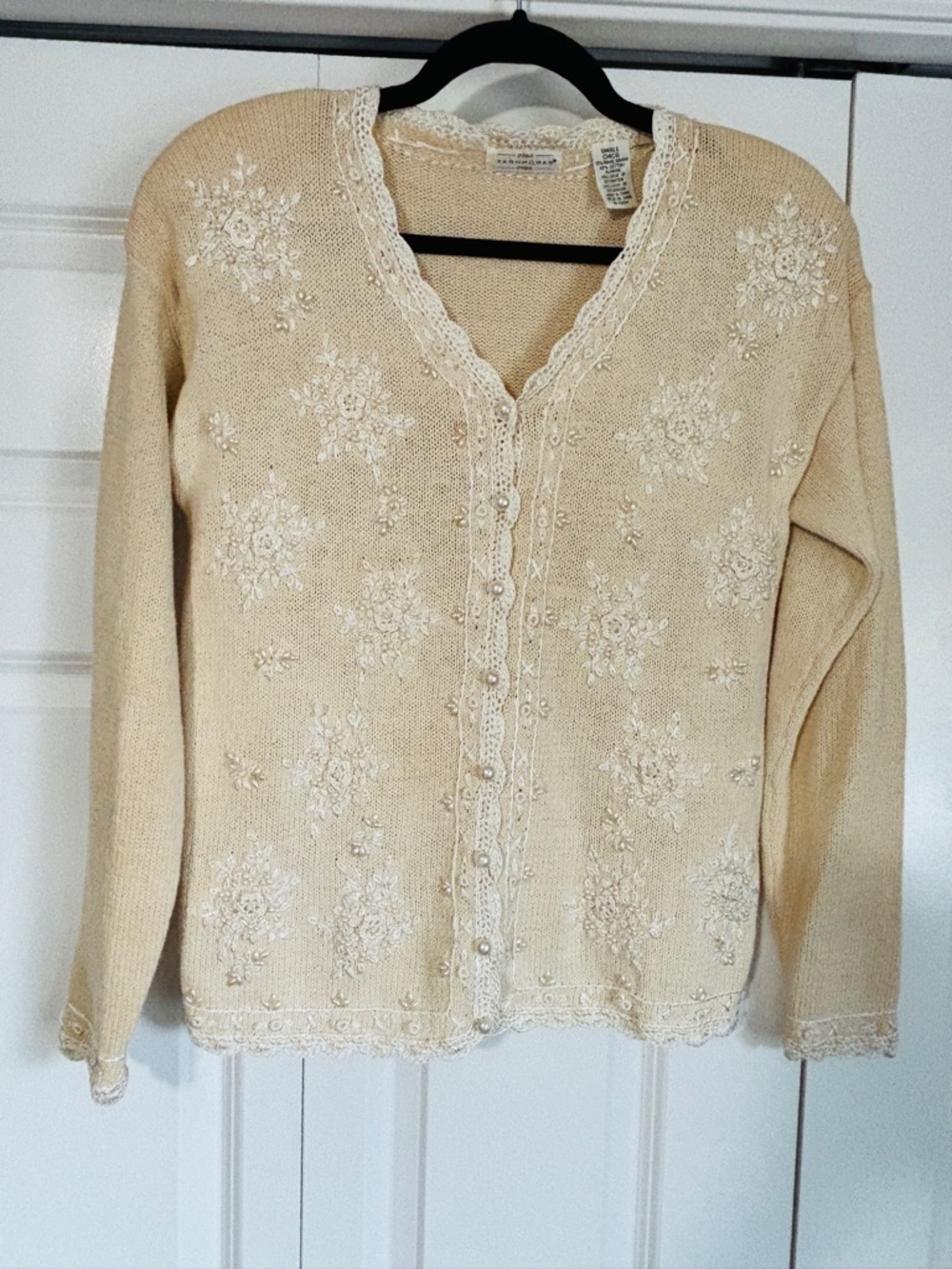 Vintage 90s Embroidered Pearl Trim Women's Sweater Cardigan - Cream